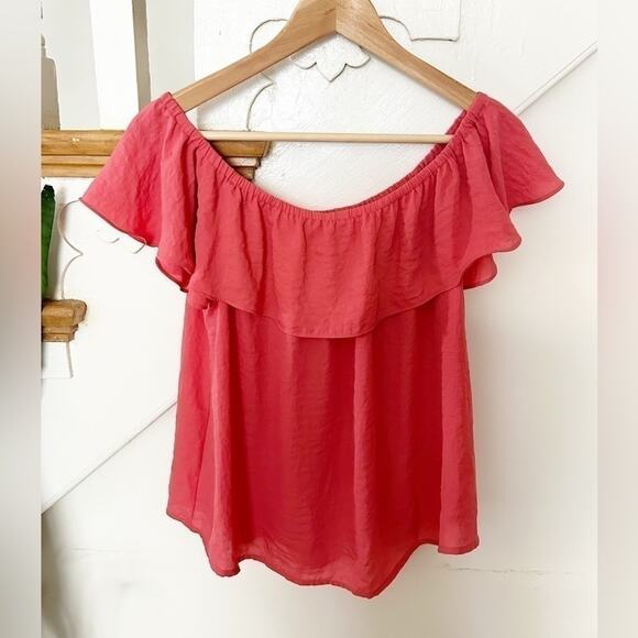 Anthropologie Maeve Coral Off The Shoulder Ruffle Islander Blouse Top Size S - Picture 2 of 6